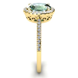 1 1/4 Carat Oval Shape Green Amethyst and Halo Diamond Ring In 14 Karat Yellow Gold