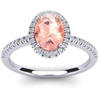 1-1/3 Carat Oval Shape Morganite and Halo Diamond Ring In 14 Karat White Gold