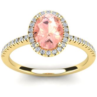 1-1/3 Carat Oval Shape Morganite and Halo Diamond Ring In 14 Karat Yellow Gold