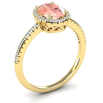 1-1/3 Carat Oval Shape Morganite and Halo Diamond Ring In 14 Karat Yellow Gold