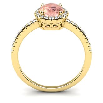 1-1/3 Carat Oval Shape Morganite and Halo Diamond Ring In 14 Karat Yellow Gold