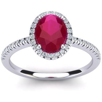 1 3/4 Carat Oval Shape Ruby and Halo Diamond Ring In 14 Karat White Gold