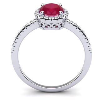 1 3/4 Carat Oval Shape Ruby and Halo Diamond Ring In 14 Karat White Gold