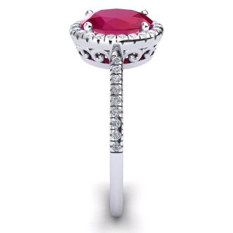 1 3/4 Carat Oval Shape Ruby and Halo Diamond Ring In 14 Karat White Gold