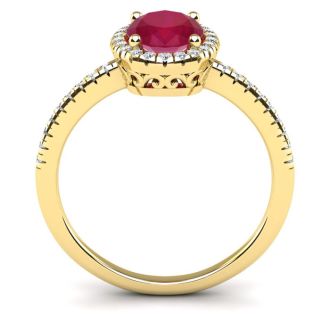 1 3/4 Carat Oval Shape Ruby and Halo Diamond Ring In 14 Karat Yellow Gold