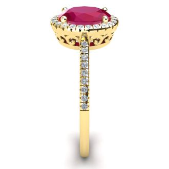 1 3/4 Carat Oval Shape Ruby and Halo Diamond Ring In 14 Karat Yellow Gold
