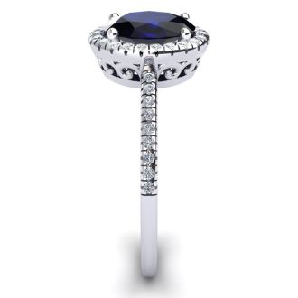 1 3/4 Carat Oval Shape Sapphire and Halo Diamond Ring In 14 Karat White Gold
