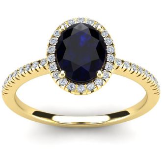 1 3/4 Carat Oval Shape Sapphire and Halo Diamond Ring In 14 Karat Yellow Gold