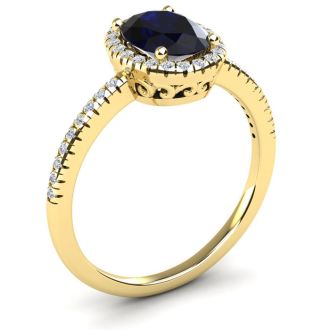 1 3/4 Carat Oval Shape Sapphire and Halo Diamond Ring In 14 Karat Yellow Gold