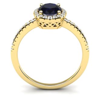 1 3/4 Carat Oval Shape Sapphire and Halo Diamond Ring In 14 Karat Yellow Gold
