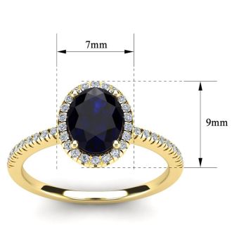 1 3/4 Carat Oval Shape Sapphire and Halo Diamond Ring In 14 Karat Yellow Gold