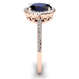 1 3/4 Carat Oval Shape Sapphire and Halo Diamond Ring In 14 Karat Rose Gold