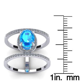 1 3/4 Carat Oval Shape Blue Topaz and Halo Diamond Spacer Ring In 14 Karat White Gold