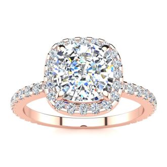 2 1/2 Carat Cushion Cut Halo Diamond Engagement Ring in 14 Karat Rose Gold
