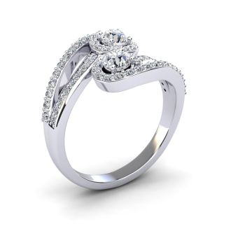0.90 Carat Two Stone Diamond Swirl Halo Ring In 14K White Gold