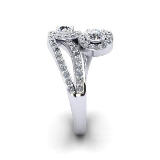 0.90 Carat Two Stone Diamond Swirl Halo Ring In 14K White Gold