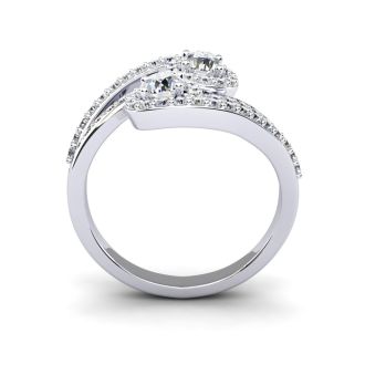 0.90 Carat Two Stone Diamond Swirl Halo Ring In 14K White Gold