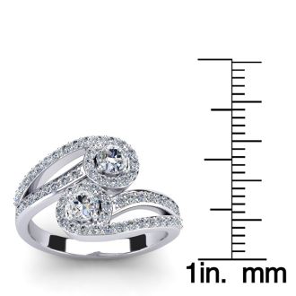 0.90 Carat Two Stone Diamond Swirl Halo Ring In 14K White Gold