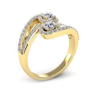 0.90 Carat Two Stone Diamond Swirl Halo Ring In 14K Yellow Gold