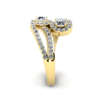 0.90 Carat Two Stone Diamond Swirl Halo Ring In 14K Yellow Gold