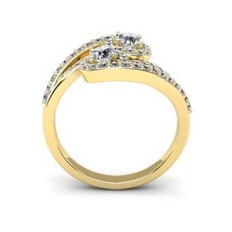 0.90 Carat Two Stone Diamond Swirl Halo Ring In 14K Yellow Gold