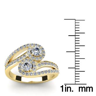 0.90 Carat Two Stone Diamond Swirl Halo Ring In 14K Yellow Gold