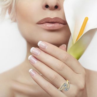 0.90 Carat Two Stone Diamond Swirl Halo Ring In 14K Yellow Gold