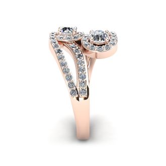 0.90 Carat Two Stone Diamond Swirl Halo Ring In 14K Rose Gold
