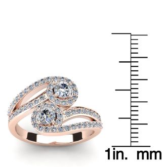 0.90 Carat Two Stone Diamond Swirl Halo Ring In 14K Rose Gold