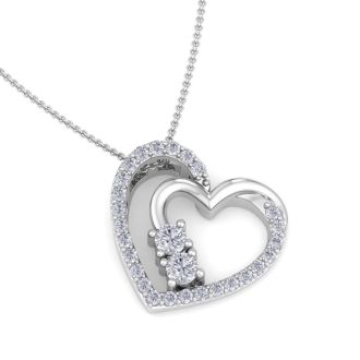 1/2 Carat Two Stone Two Diamond Heart Necklace In 14K White Gold