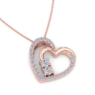 1/2 Carat Two Stone Two Diamond Heart Necklace In 14K Rose Gold