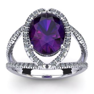 3 Carat Oval Shape Amethyst and Halo Diamond Ring In 14 Karat White Gold