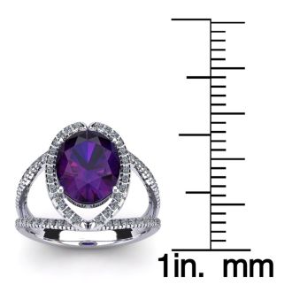3 Carat Oval Shape Amethyst and Halo Diamond Ring In 14 Karat White Gold