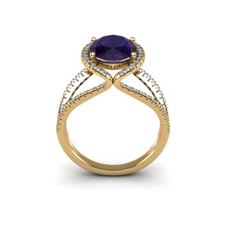 3 Carat Oval Shape Amethyst and Halo Diamond Ring In 14 Karat Yellow Gold