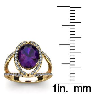 3 Carat Oval Shape Amethyst and Halo Diamond Ring In 14 Karat Yellow Gold