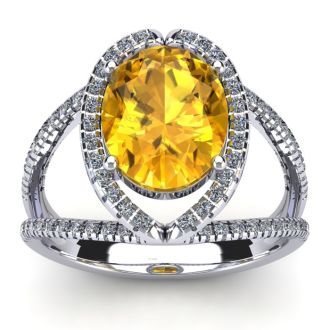 3 Carat Oval Shape Citrine and Halo Diamond Ring In 14 Karat White Gold