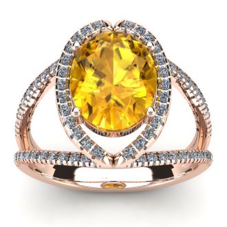 3 Carat Oval Shape Citrine and Halo Diamond Ring In 14 Karat Rose Gold