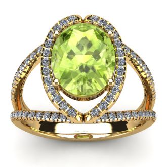 3 Carat Oval Shape Peridot and Halo Diamond Ring In 14 Karat Yellow Gold