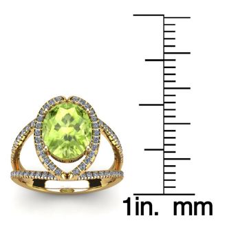 3 Carat Oval Shape Peridot and Halo Diamond Ring In 14 Karat Yellow Gold