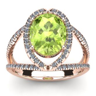 3 Carat Oval Shape Peridot and Halo Diamond Ring In 14 Karat Rose Gold