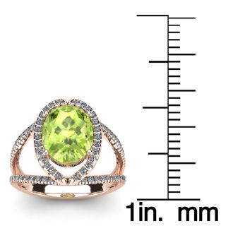 3 Carat Oval Shape Peridot and Halo Diamond Ring In 14 Karat Rose Gold