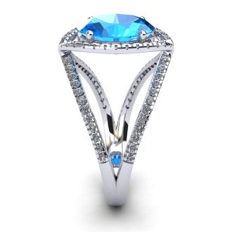 3 3/4 Carat Oval Shape Blue Topaz and Halo Diamond Ring In 14 Karat White Gold