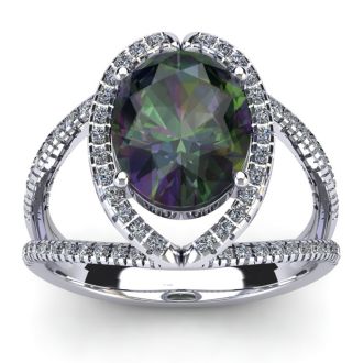 3 Carat Oval Shape Mystic Topaz Ring With Fancy Diamond Halo In 14 Karat White Gold