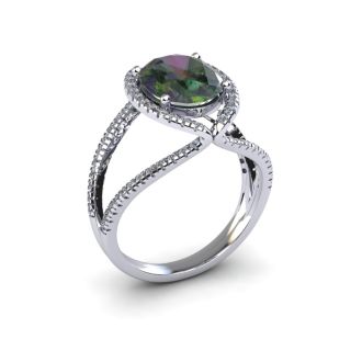 3 Carat Oval Shape Mystic Topaz Ring With Fancy Diamond Halo In 14 Karat White Gold