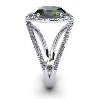 3 Carat Oval Shape Mystic Topaz Ring With Fancy Diamond Halo In 14 Karat White Gold