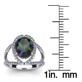 3 Carat Oval Shape Mystic Topaz Ring With Fancy Diamond Halo In 14 Karat White Gold