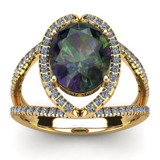 3 Carat Oval Shape Mystic Topaz Ring With Fancy Diamond Halo In 14 Karat Yellow Gold