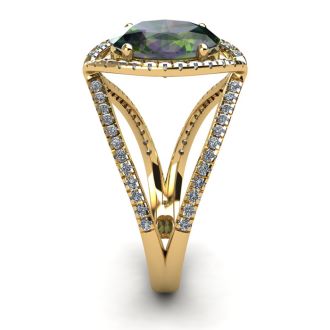 3 Carat Oval Shape Mystic Topaz Ring With Fancy Diamond Halo In 14 Karat Yellow Gold