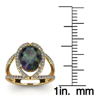 3 Carat Oval Shape Mystic Topaz Ring With Fancy Diamond Halo In 14 Karat Yellow Gold