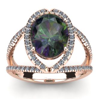 3 Carat Oval Shape Mystic Topaz Ring With Fancy Diamond Halo In 14 Karat Rose Gold